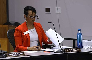 State board of Election Commissioner Sharon Brooks looks over papers during commission's meeting on Tuesday, April 23, 2024, in Little Rock.
(Arkansas Democrat-Gazette/Thomas Metthe)